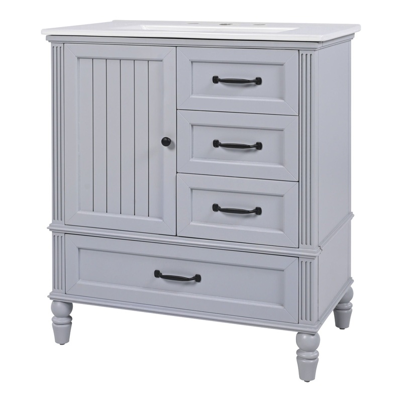 30 Bathroom Vanity With Sink, Bathroom Cabinet With A Door, 3 Drawers Legs, Adiustable Foot Pads – Gray