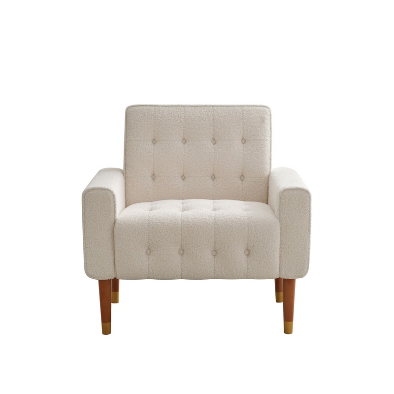 Classic Biscuit Style Accent Chair Comfortable Armrests, Soft Fabric, Elegant Solid Wood Legs With Gold Finish – Beige