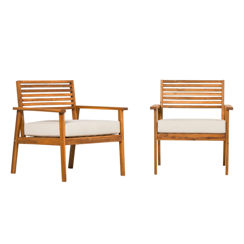 Modern 2 Piece Slat Back Solid Acacia Wood Patio Club Chair Set – Brown