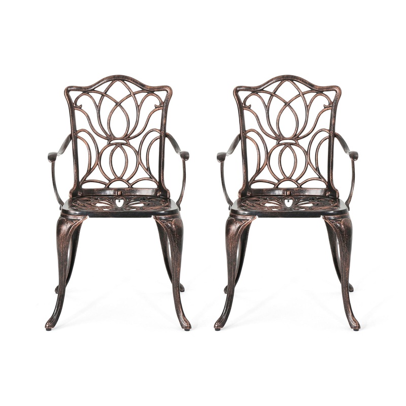 Outdoor Dining Chair With Floral Design And Curved Saber Legs (Set of 2) – Copper