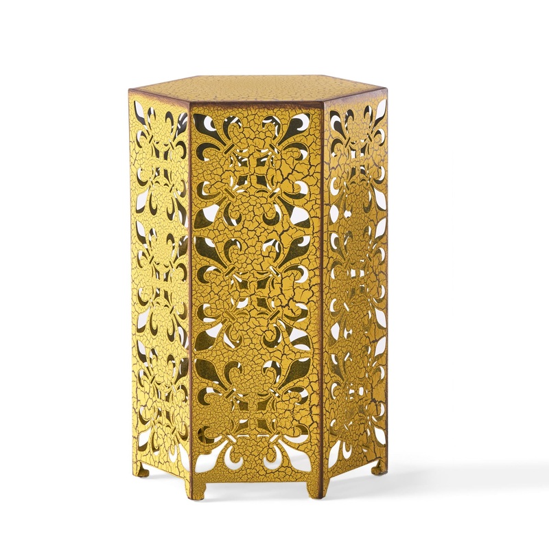 Outdoor Hexagonal Accent Table Set With Charming Fleur De Lis Panel Sides – Antique Yellow