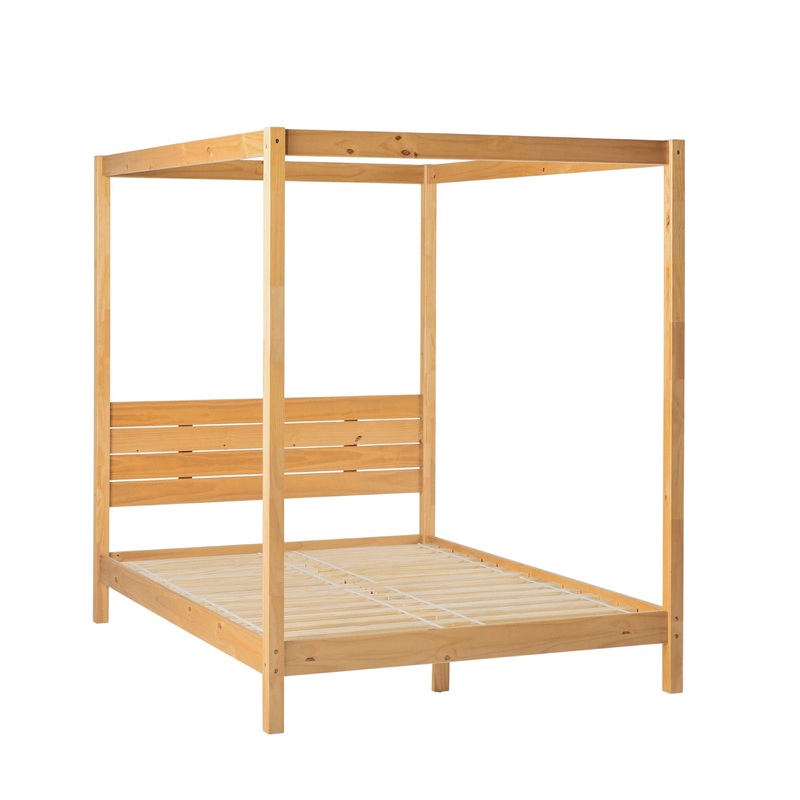 Queen Canopy Bed Frame Modern Minimalist Boho – Natural Pine