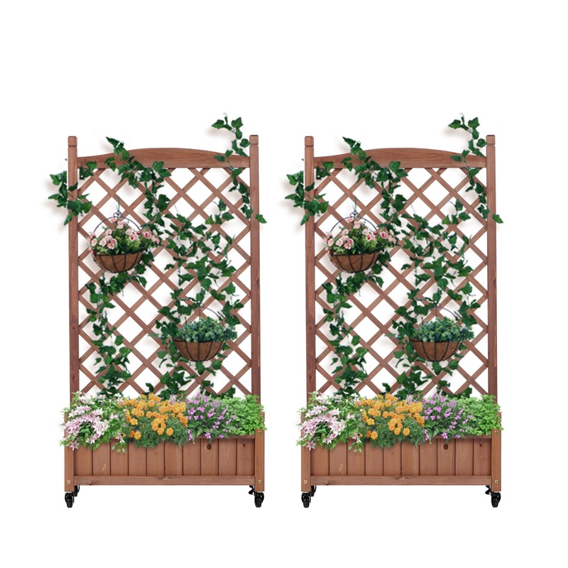 Raised Garden Bed With Trellis 2 Pack, Outdoor Planter Box & Plant Stand With Climbing Racks – Brown