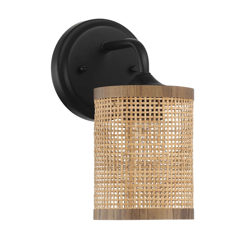 Reef – Single Lights Wall Sconce With Natural Shade Rustic Wicker Wall Light – Black / Rattan