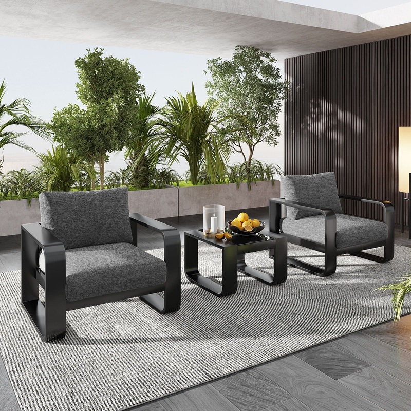 3 Piece Aluminum Frame Patio Furniture With 6.7 Thick Cushion And Coffee Table, All Weather Use Olefin Fabric Outdoor Chair – Gray / Black