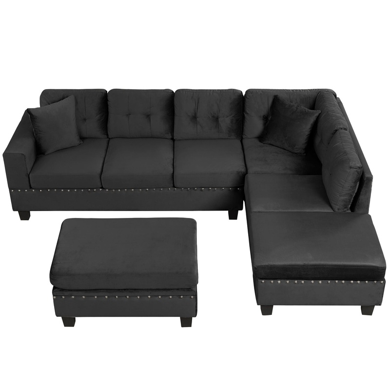 Modern Sectional Sofa With Storage Ottoman, L – Shape Couch With 2 Pillows And Cup Holders