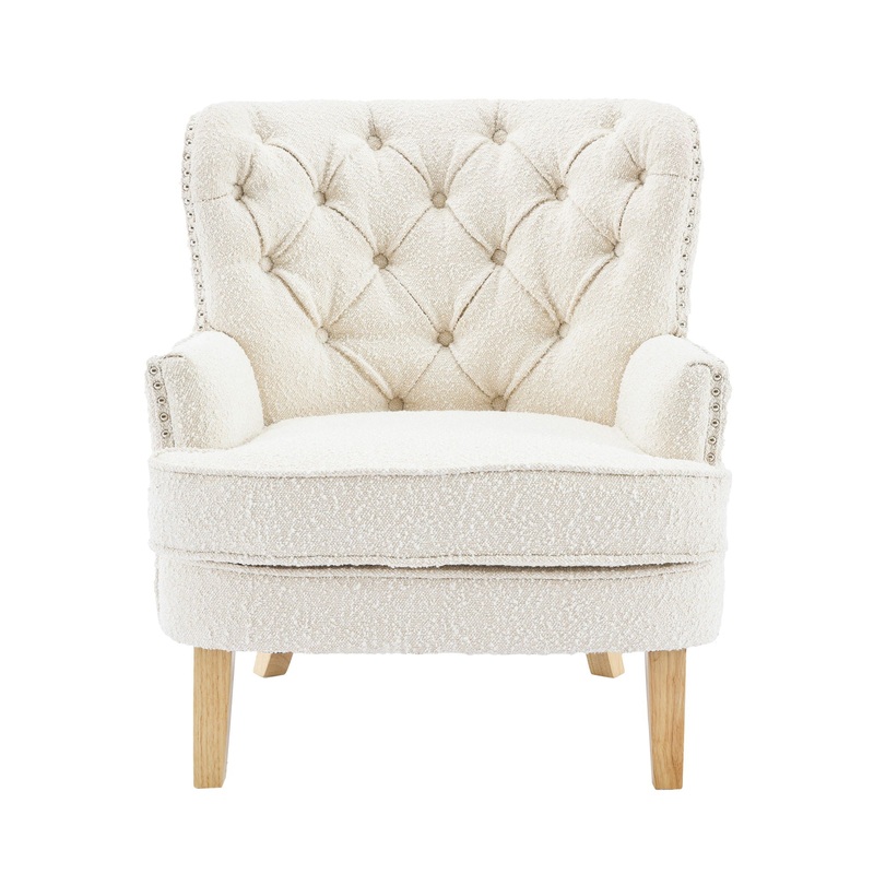 Vintage Style Club Chair, Granular Plush Fabric, Rubber Wood Legs – Almond