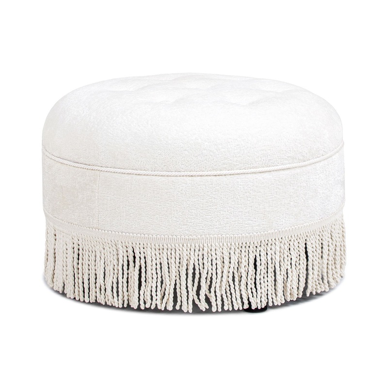 Yolanda – Round Upholstered Accent Ottoman – Almond White