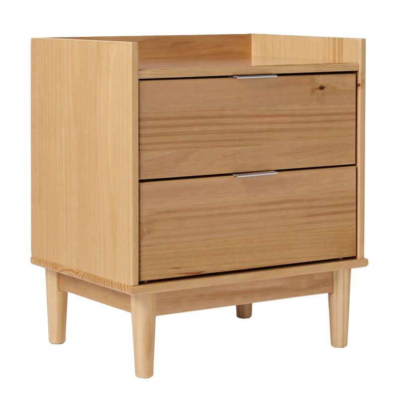 Mid Century Modern 2 Drawer Nightstand – Natural Pine
