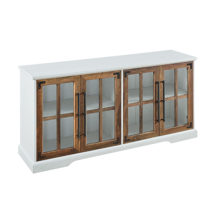 Modern Farmhouse Two Tone Windowpane Glass Door TV Stand For TVs Up To 65