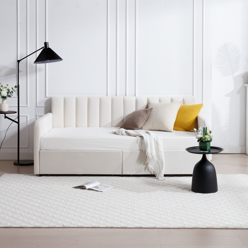 Flora – Upholstered Daybed With 2 Drawers Ribbed Tufted Backrest in Lavish Modern Design