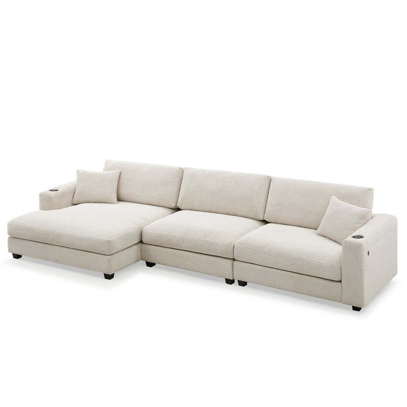 Oversized Corduroy Sectional Sofa, L Shaped Cloud Couch With USB Charging Port, Cup Holder, Deep Seat Sofa Bed With 50 Chaise, Comfy Indoor Furniture For Living Room