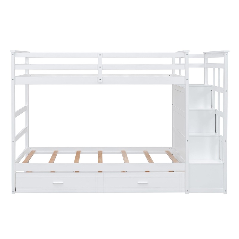 Twin Over Twin Bunk Bed With Trundle And Staircase – White