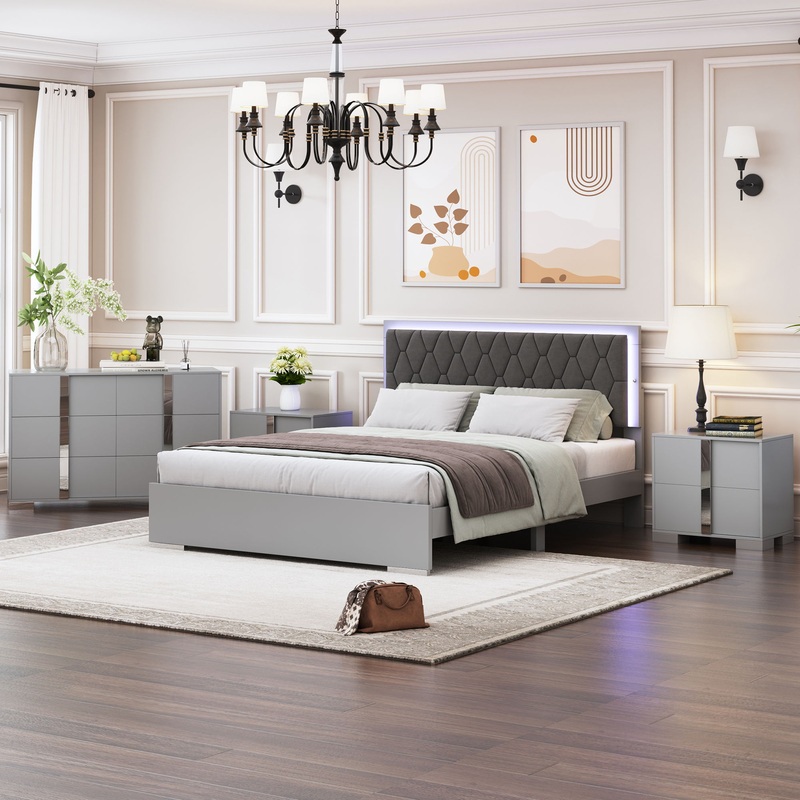 Upholstered Bedroom Set|Gray|White|4 Pc. Bed, 2 Nightstands, Ottoman