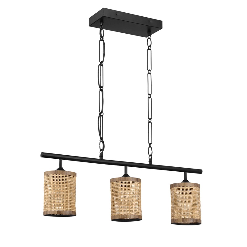 Elysian – 3 Lights Island With Natural Shade Farmhouse Chain Ceiling Lamp – Black / Rattan