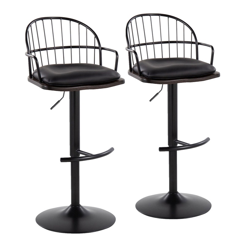 Riley – Farmhouse Adjustable Height Barstool With Arms / Swivel With Rounded T Footrest (Set of 2) – Black / Dark Walnut / Black