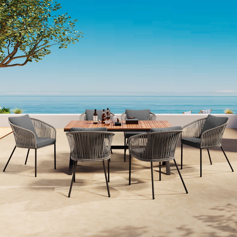 7 Pieces Patio Dining Set, All-Weather Outdoor Furniture Set With Dining Table And Chairs, Acacia Wood Tabletop, Metal Frame, For For Garden, Backyard, Balcony – Gray