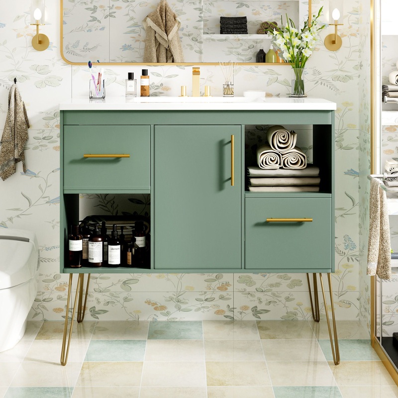 Bathroom Vanity With Resin Sink Combo Set, Modern Freestanding Single Bathroom Cabinet With 2 Drawers & 2 Storage Compartments, Storage Cabinet For Bathroom, Frame Vanity Set – Green