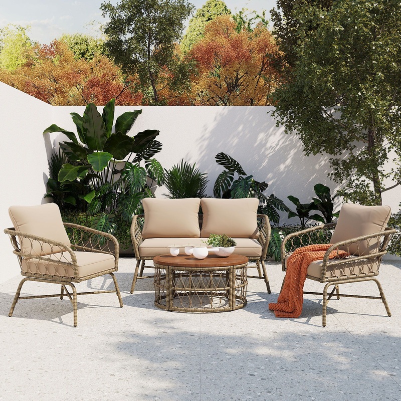 Bohemia-Inspired 4 Person Outdoor Seating Group With Removable Cushions, Conversation Patio Set With Wood Tabletop – Beige