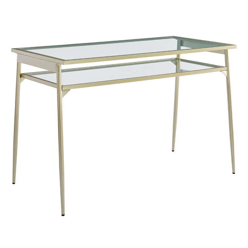 Contemporary Two Tier Glass Top Computer Desk – Gold / Glass