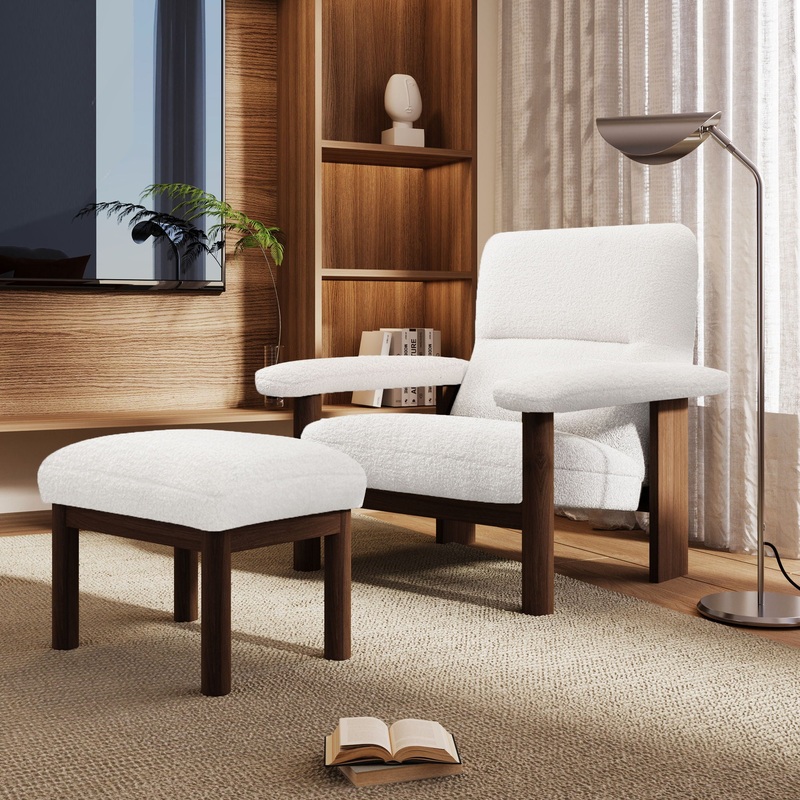 Modern Accent Chair With Ottoman, Mid Century Lounge Chair With Footrest, Comfy Fabric Armchair Upholstered Set With Solid Wood Frame For Living Room – White