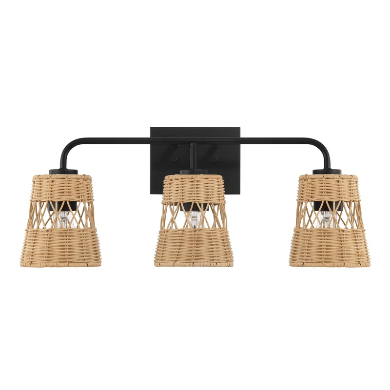 Moonlit – 3 Lights Wall Sconce With Shade, Bathroom Lighting Fixtures Over Mirror – Black / Rattan
