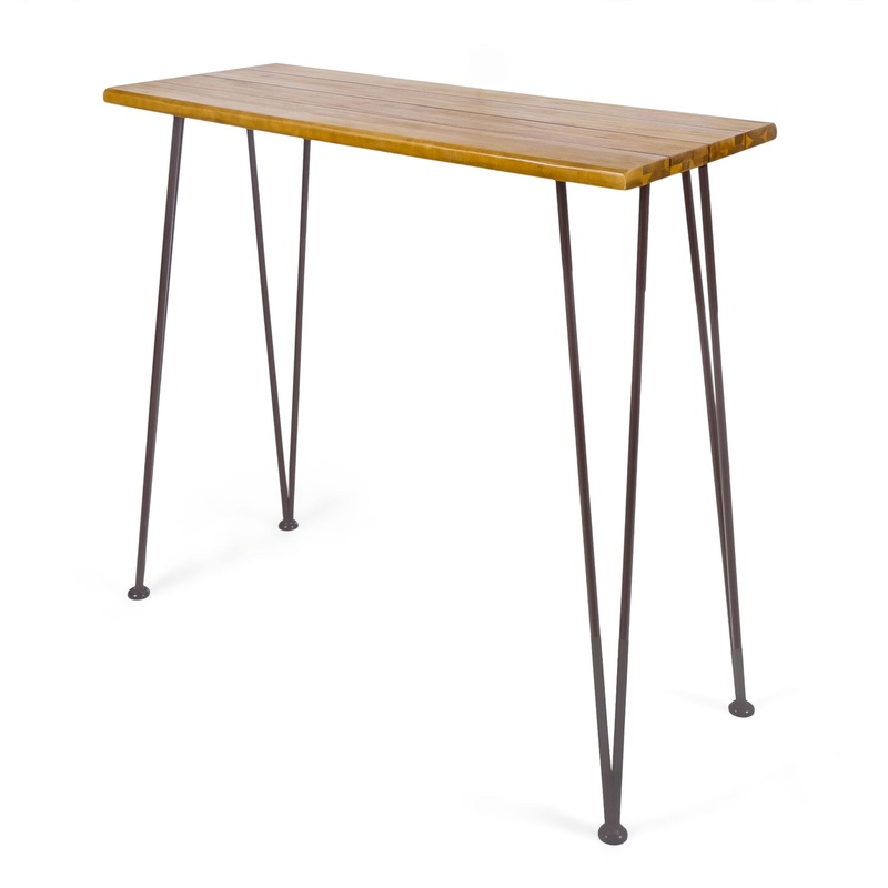 Outdoor Bar Table With Wood Tabletop And Iron Hairpin Legs – Black / Teak