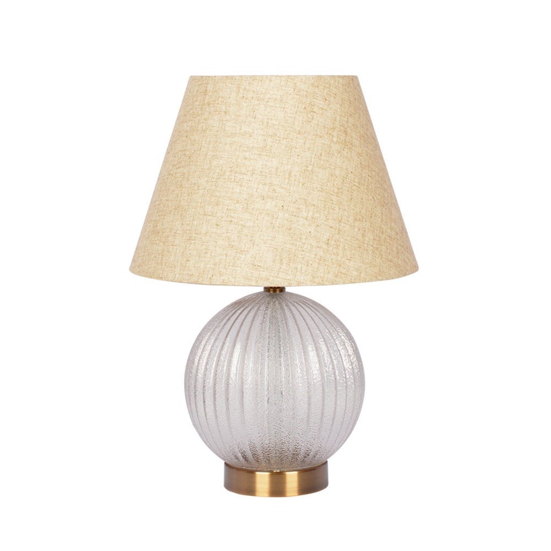 Serenity – Round Ribbed Lamp Base Clear Table Lamp Large Linen Shade – Clear / Gold / Natural
