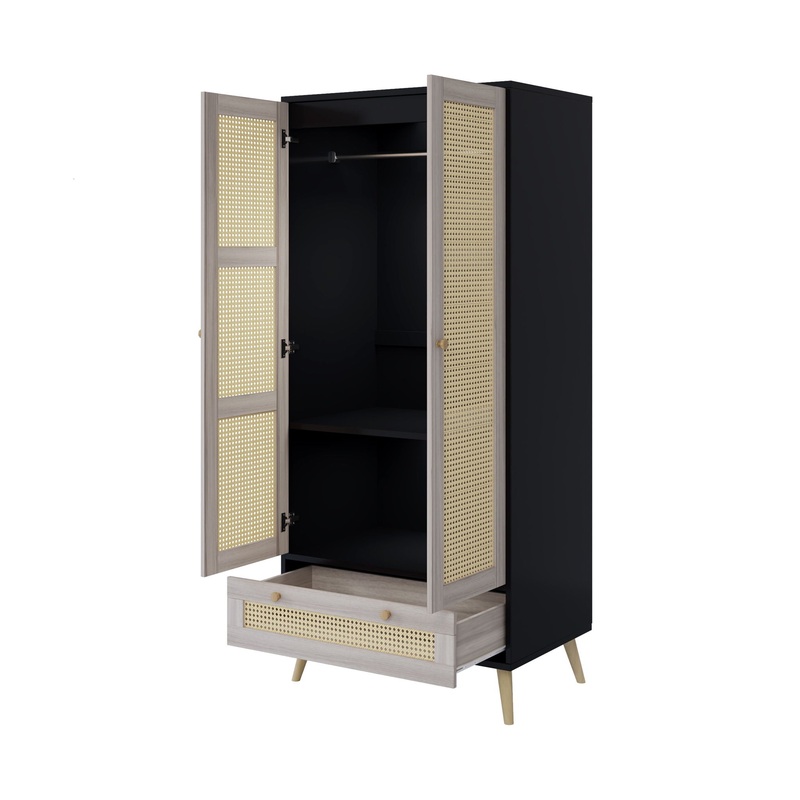 Tall Armoire Wardrobe Closet With 2 Rattan Doors & 1 Drawer, Boho Clothes Storage Cabinet With Hanging Rod For Bedroom – Natural / Black
