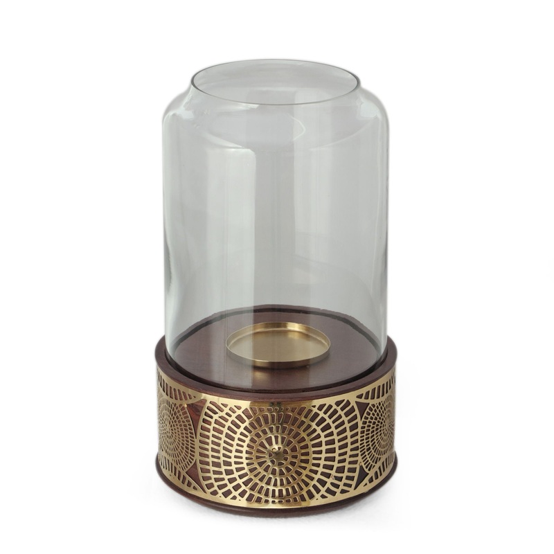 Boho Handcrafted Mango Wood Hurricane Candle Holder With Tempered Glass And Metal Accents – Brown