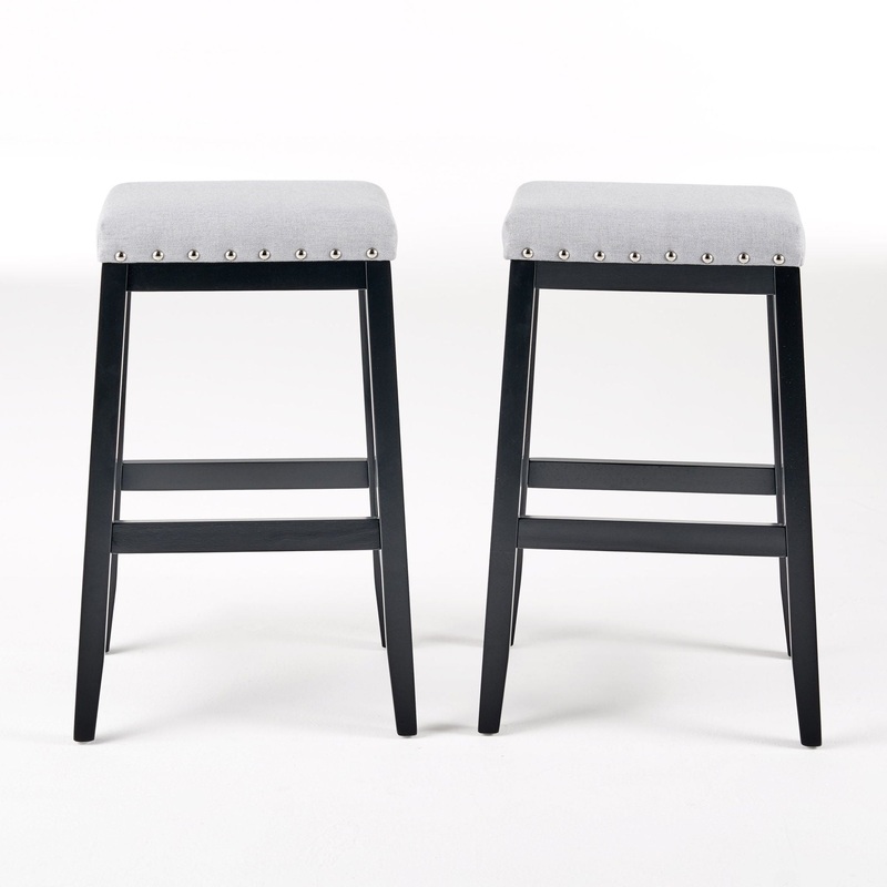 Greely Saddle Barstool Set With Fabric Upholstery – Light Gray