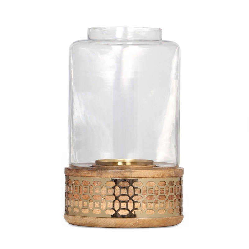 Lippert Boho Handcrafted Mango Wood Hurricane Candle Holder With Tempered Glass And Metal Accents, Large – Natural