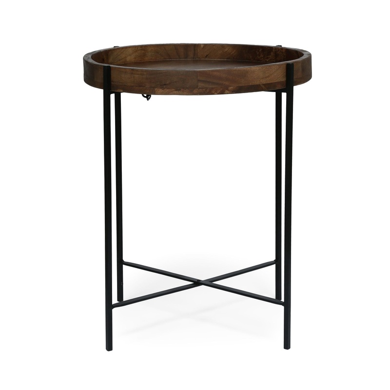 Modern Industrial Round End Table With Tray Top And Foldable Iron Legs – Natural