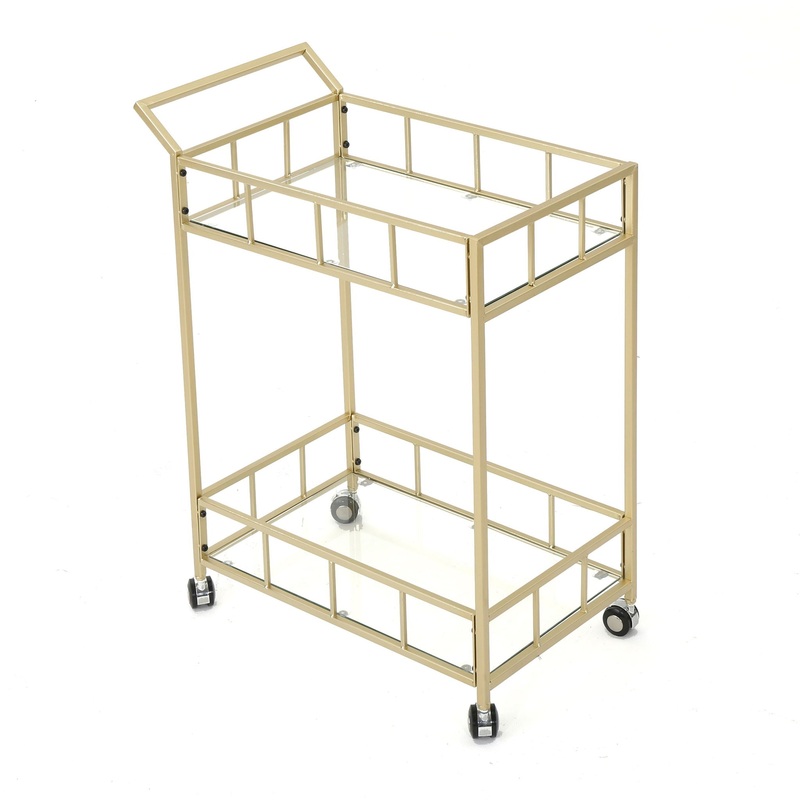 Modern Metal And Glass Bar Cart With Rolling Casters – Gold