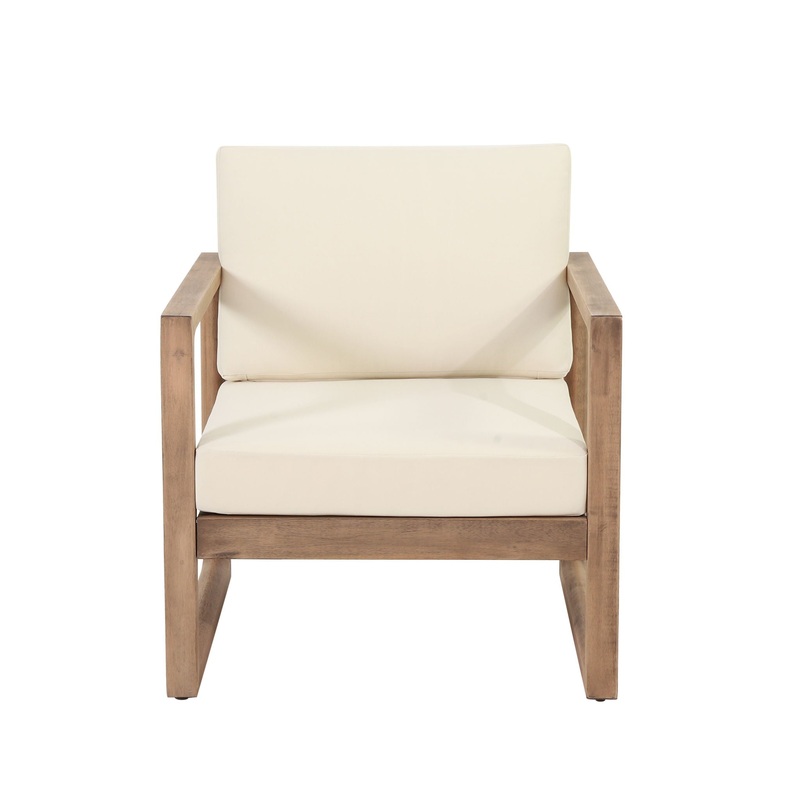 Outdoor Acacia Wood Patio Club Chair, Wood Patio Furniture, Waterproof Thick Cushion Deep Seating For Porch – Brown Wash / Beige