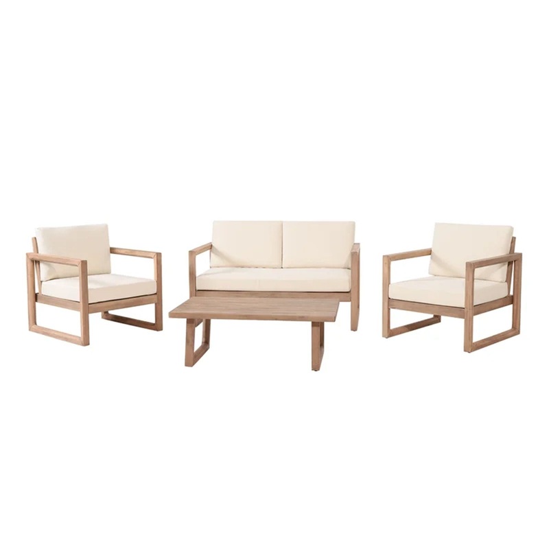 4 Pieces Acacia Wood Patio Furniture Set, Outdoor Furniture With Coffee Table, Patio Conversation Set Deep Seating With Soft Cushion, Porch Chairs For Backyard Porch Balcony – Brown Wash / Beige