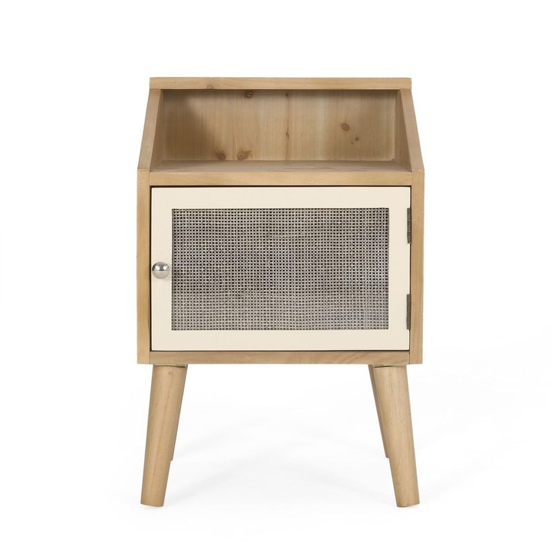 Contemporary End Table With Rattan Accents And Tempered Glass – Natural / White