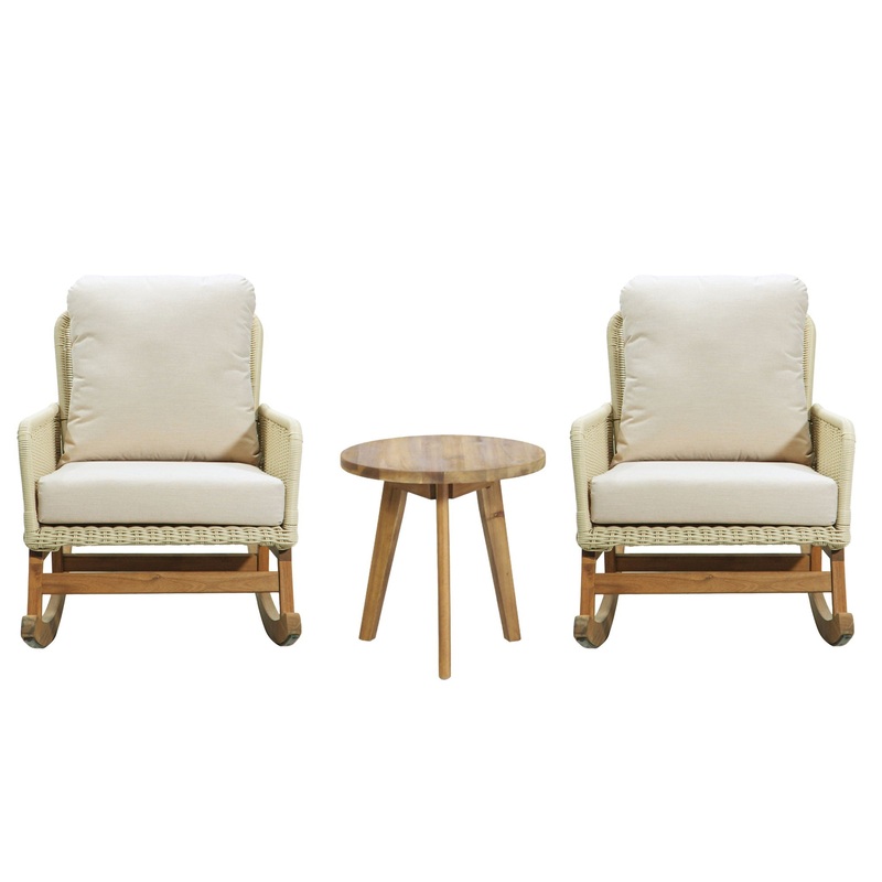 Cushioned Rattan Rocking Chairs With Wooden Accent Table Modern 3 Piece Outdoor Seating Set For Patio Relaxation – Ivory