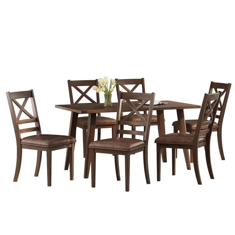 Farmhouse Style Indoor Wood Dining Set With 6 Chairs And Dining Table – Brown