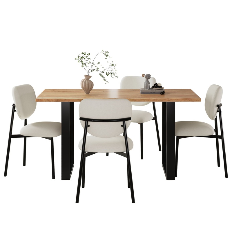 Mid Century 5 Piece Dining Set With Upholstered Dining Chairs And Metal Legs, Solid Wood Top Metal Base Dining Table – Beige / Black