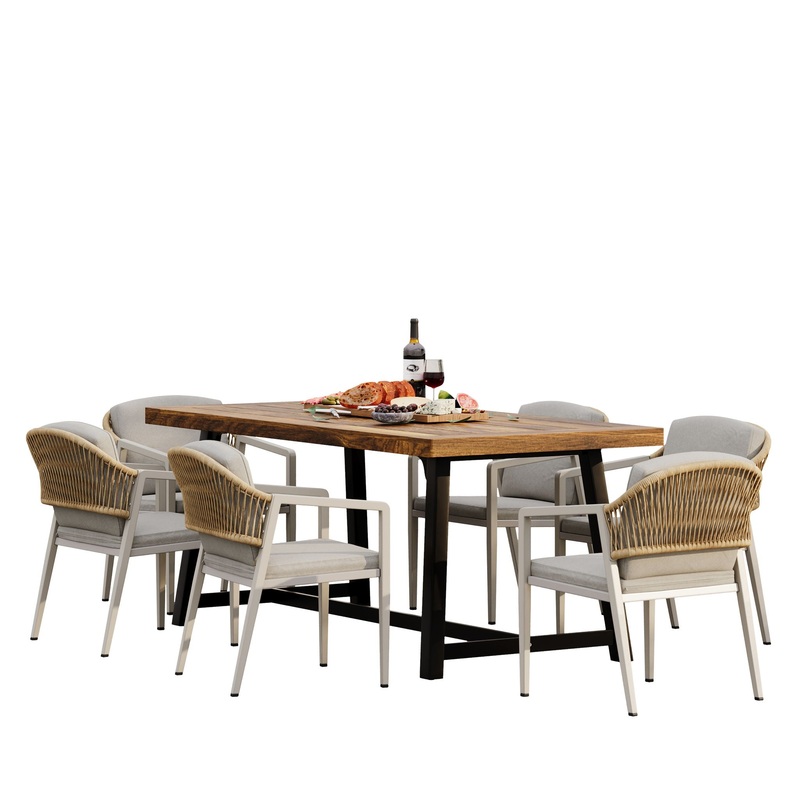 Outdoor Dining Set Acacia Wood Table With 6 Rattan Iron Chairs – Black / Natural / Gray