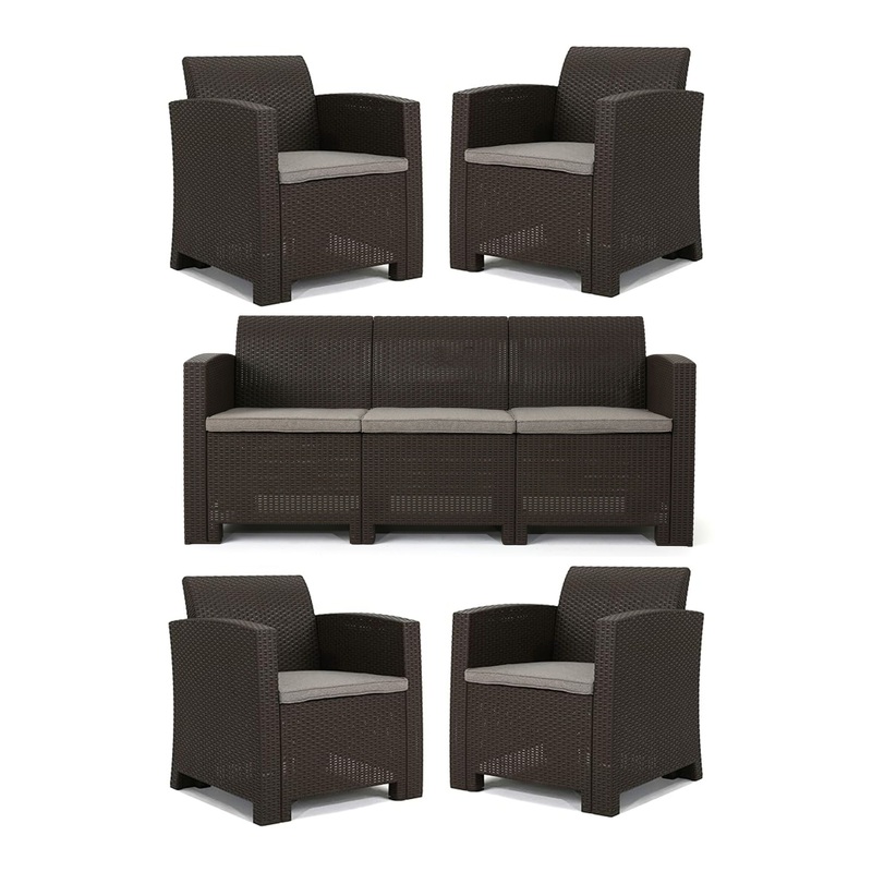Outdoor Faux Wicker Rattan Style Chat Set With Water Resistant Cushions, 5 Pieces Set – Brown / Mix Beige