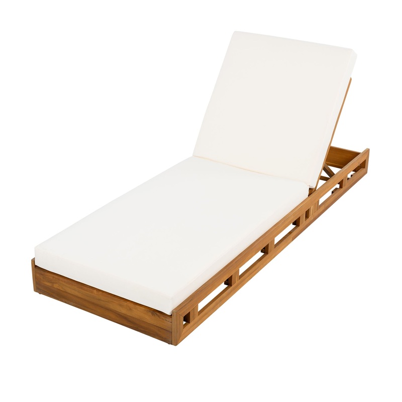 Premium Acacia Wood Lounge Chaise Set With Water Resistant Cushions, Adjustable Recline – Cream / Teak