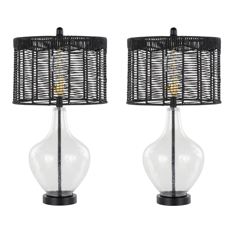 Jenna – Contemporary Table Lamp (Set of 2) – Clear Seeded / Matte Black / Matte Black