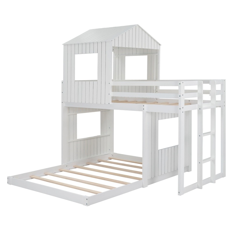 Twin Over Full Bunk Bed, With Playhouse, Farmhouse, Ladder And Guardrails – White