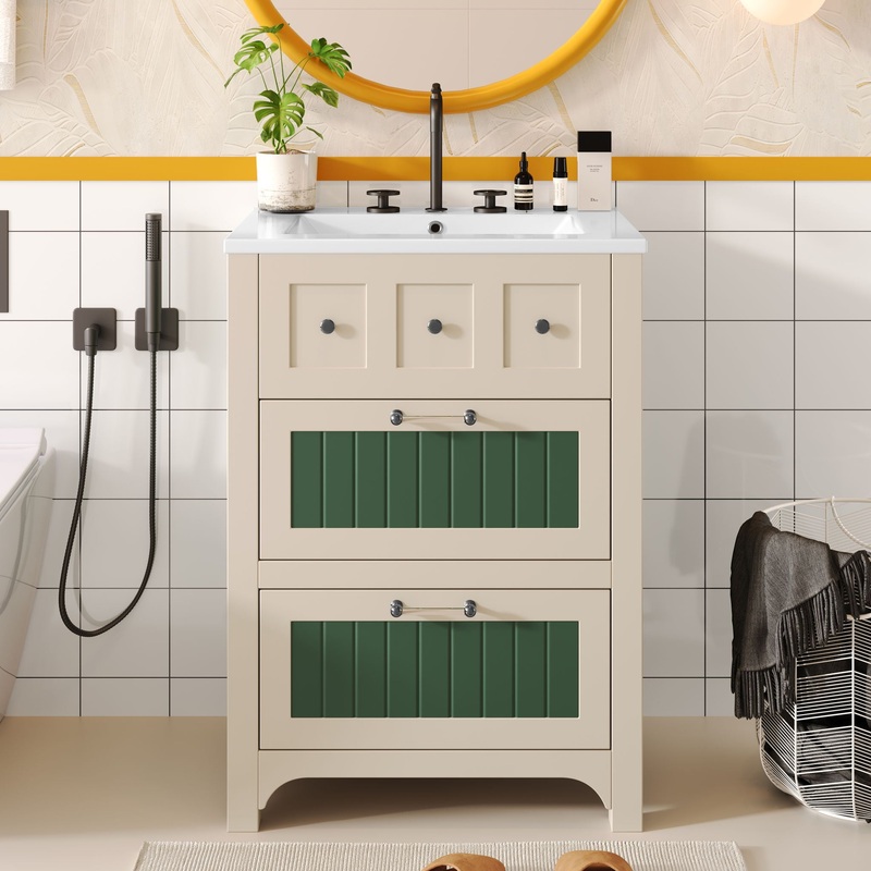 Bathroom Vanity With Ceramic Sink, Bathroom Vanity Cabinet With 2 Drawers, Wooden Bathroom Sink Cabinet – Beige / Green