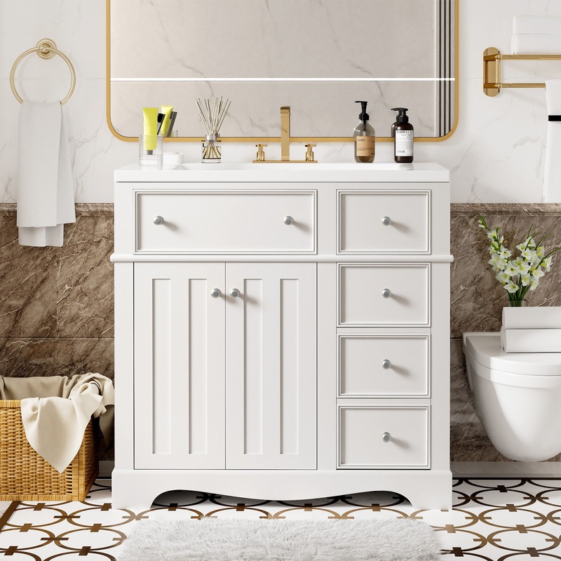 Bathroom Vanity With Resin Sink Combo, Frame Bathroom Storage Cabinet, Freestanding Vanity Set With 3 Drawers & Adjustable Shelf – White