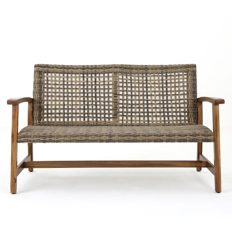 Outdoor Rattan Loveseat With Wooden Legs – Brown