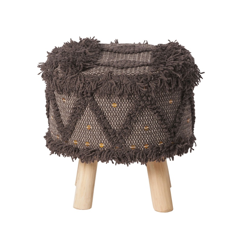 Roja – Handcrafted Wool & Cotton Foot Stool With Eucalyptus Wood Frame – Dark Brown