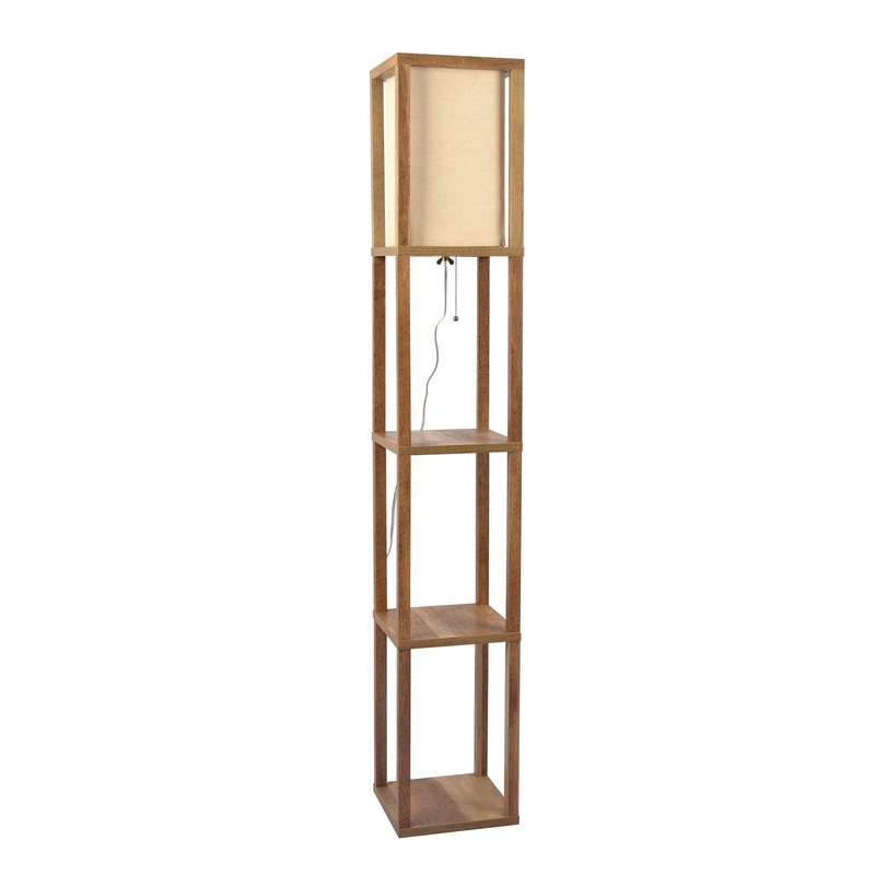 Pinnacle – Shelf Floor Lamp For Bedroom / Living Room, Long Shade – Natural Wood / White